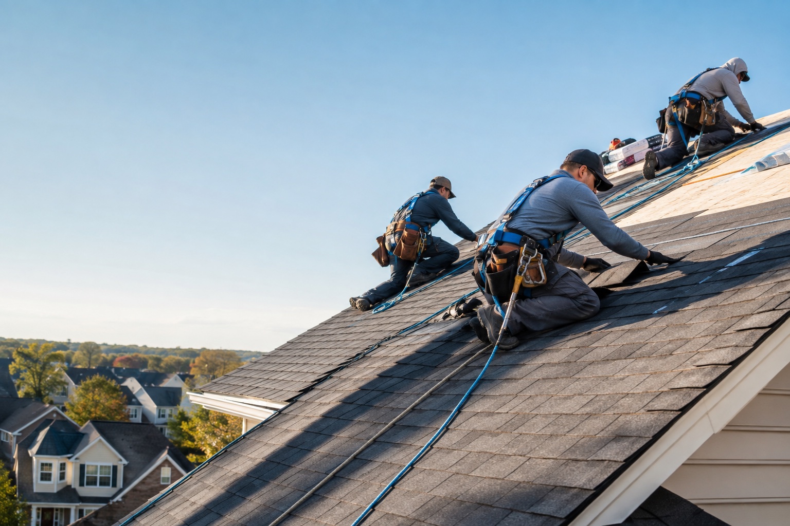 Roofing professionals safely installing a new shingle roof